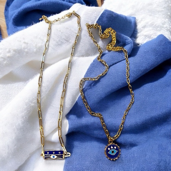 Gold toned and Blue Evil Eye Necklace Set Layer or wear alone - Picture 11 of 16